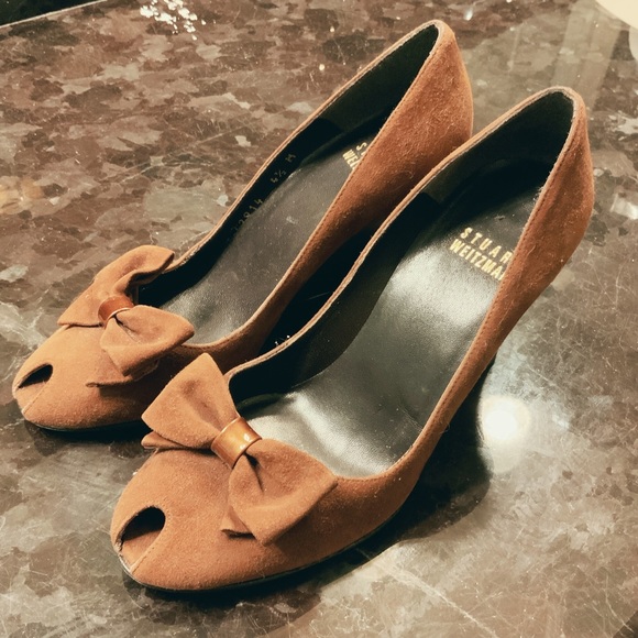Stuart Weitzman Brown Suede Peep Toe Wedge Marble Heel Bow Tie Accent sz 4.5 - Picture 10 of 16